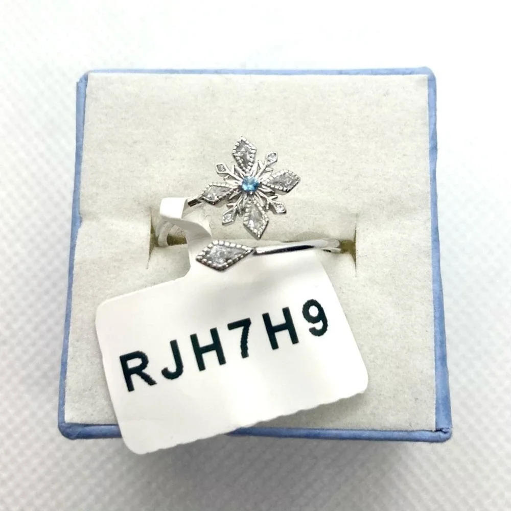 Elegant 925 NWT Sterling Silver Snowflake Ring with Blue Gem - Adjustable Size